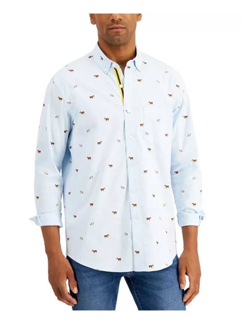 Club Room Men's Regular-Fit Stretch Dog Print Chambray Shirt Blue Size XXL $55